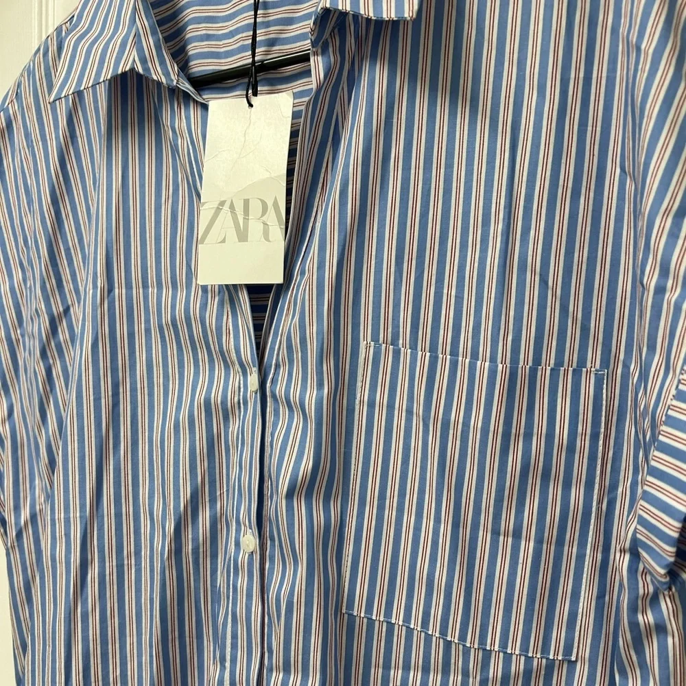 NWT Zara Blue & White Striped Cotton Shirt Dress, Cap Sleeves – Size XL
